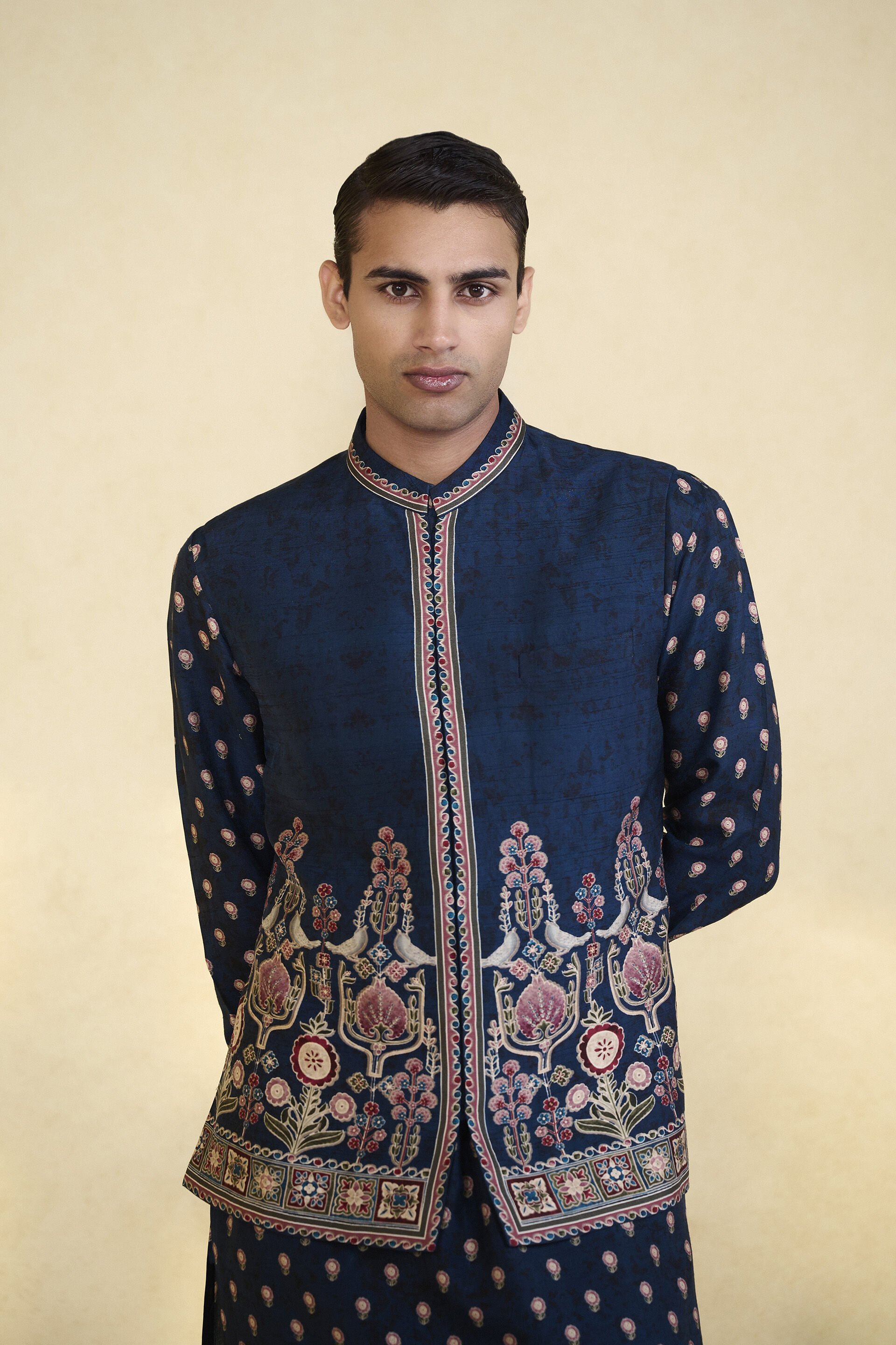 Azraq Printed Silk Nehru Jacket - Indigo, Indigo, image 4